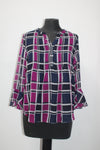 CHARTER CLUB Knit Ruffle Plaid Pintuck Blouse Blue PS