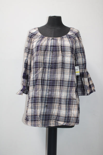 Style Co Cotton Bell-Sleeve Plaid Top Bluefield Purple M