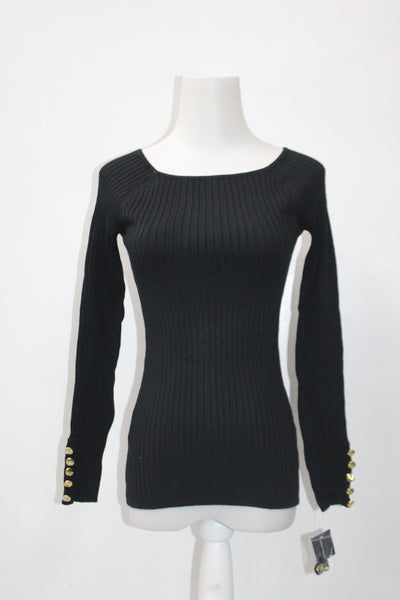 INC Womens Petites Ribbed Long Sleeves Sweater Black PS