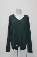 Style & Co. Women's  Vneck Long Sleeve Tie Thermal Top Green XL