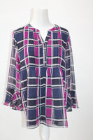 CHARTER CLUB Knit Ruffle Plaid Pintuck Blouse Blue PL