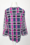 CHARTER CLUB Knit Ruffle Plaid Pintuck Blouse Blue PL