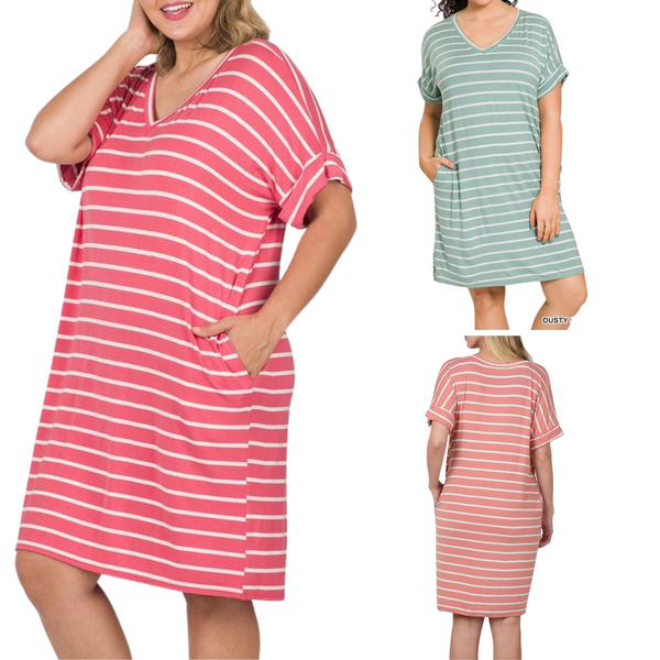 Zenana Stripe V-Neck Dress with Pocket, S - 3X