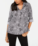 NY Collection Allover Print Button Down Shirt  Gray PXS