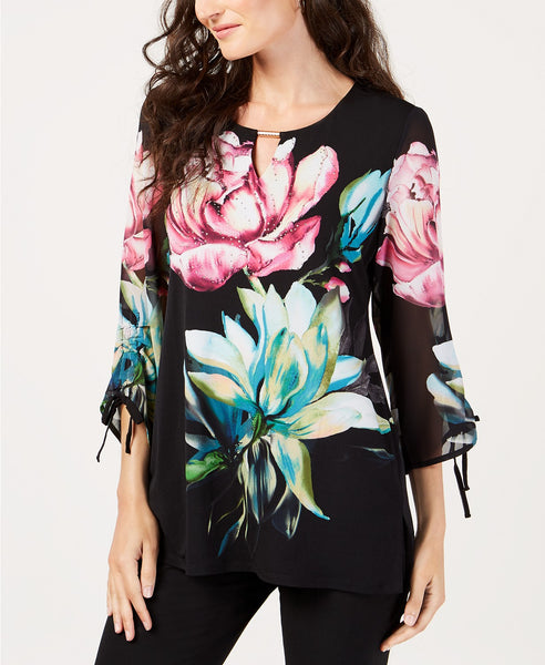 JM COLLECTION Print Ity Chiffon Sleeve Blouse Black    PS