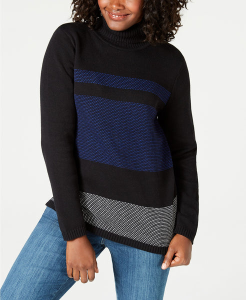 Karen Scott Birdseye Cotton Turtleneck Sweater Blue, S