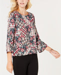 NY Collection Petite Printed Bell-Sleeve Top Gray Plaidyard PM