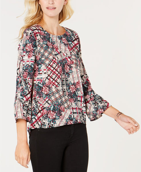 NY Collection Petite Printed Bell-Sleeve Top Gray Plaidyard PM