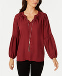 NY COLLECTION Balloon Sleeve Necklace Woven Top Red PM