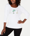 Karen Scott 3/4 Sleeve Holiday Palm Top White S