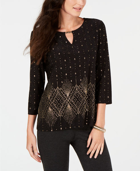 JM Collection 3/4 Sleeve Place Glitter Jacquard Top  Black PS