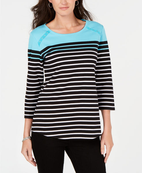 Karen Scott 3/4 Sleeve Rosie Scoopneck Top Aqua PS