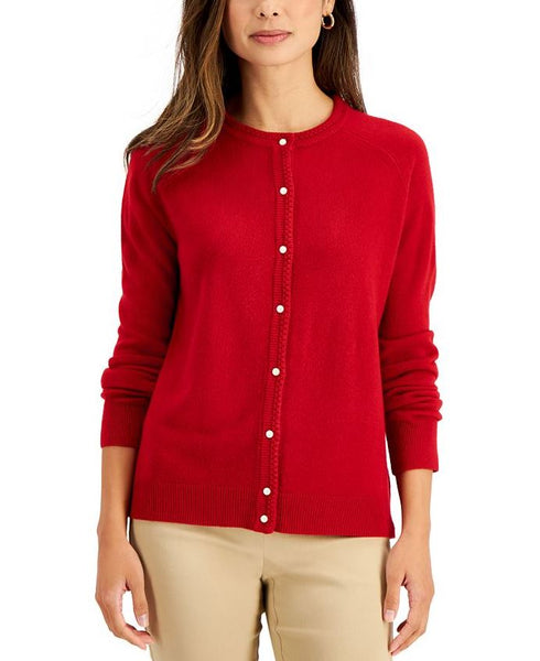 KAREN SCOTT Luxsoft Pearl Button Cardigan Medium Red PP