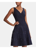 LAUREN RALPH LAUREN Womens Landette V-Neck A-Line Party Dress Navy, 12