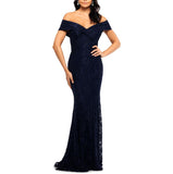 XSCAPE EVENINGS WOMEN'S  LONG OFF THE SHOULDER LACE DRESS NAVY 8