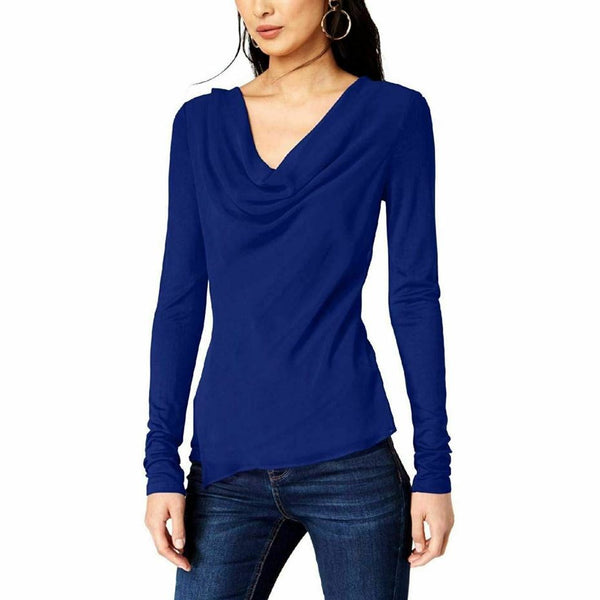 INC International Concepts Petite Asymmetrical Cowl-Neck Top Blue PM