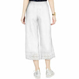 Michael Kors Pull On Linen Lace-Trim Wide-Leg Cropped Pant, White, M