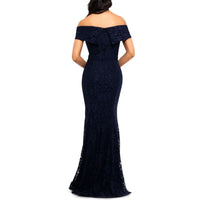 XSCAPE EVENINGS WOMEN'S  LONG OFF THE SHOULDER LACE DRESS NAVY 8