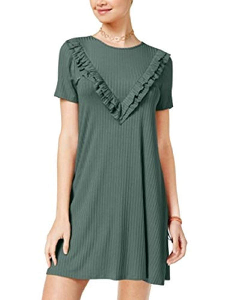 One Clothing Juniors' Ribbed Ruffled T-Shirt Dress (Sage, M)