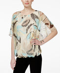 Alfani Printed Mesh Blouson Top Nature Strokes PS