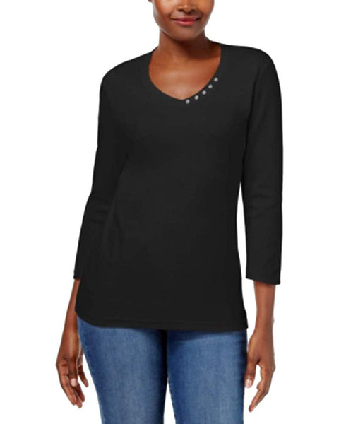 Karen Scott Petite Button-Neck Top (Deep Black, PL)