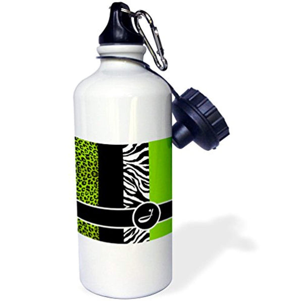 Elegant Animal Print Monogram Green J" Sports Water Bottle, 21 oz, White