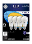 G E LIGHTING 61986 LED Light Bulbs, Soft White, 800 Lumens, 9-Watts, 4-Pk