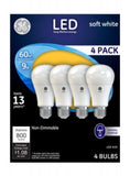 G E LIGHTING 61986 LED Light Bulbs, Soft White, 800 Lumens, 9-Watts, 4-Pk