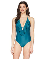 Coastal Blue Women's Swimwear Deep V Ruffle Front One Piece Swimsuit, Jaded, L (12-14)