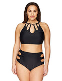 Coastal Blue Plus Size High Waist Cut-Out Sides Bikini Bottom, Ebony, 1X (16W-18W)