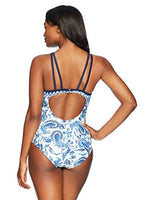 Coastal Blue Empire Waist Colorblock One Piece Swimsuit, New Navy Floral, S (4-6)