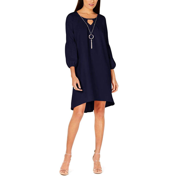 Ny Collection Longsleeve Solid Scoopneck With Necklace Dress Navy PXS