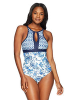 Coastal Blue Empire Waist Colorblock One Piece Swimsuit, New Navy Floral, S (4-6)