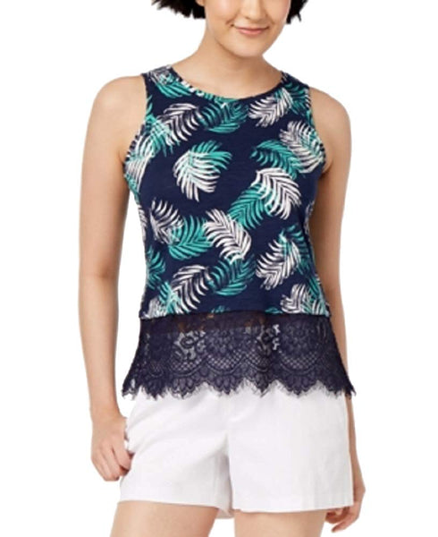 Maison Jules Printed Lace-Trim Tank Top Blu Notte Co Small