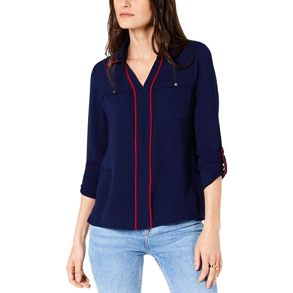 NY Collection Womens Petites Piped V-Neck Blouse Navy PXS