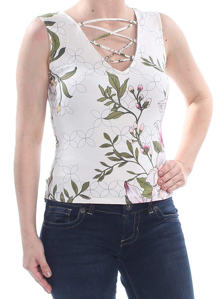 GUESS Women's Small Tank Cami Lace Up Floral Top White S