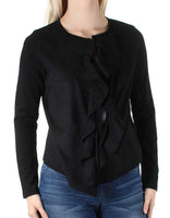 INC Womens Petites Faux-Suede Inset Cascade Ruffled Cardigan Top Black PS