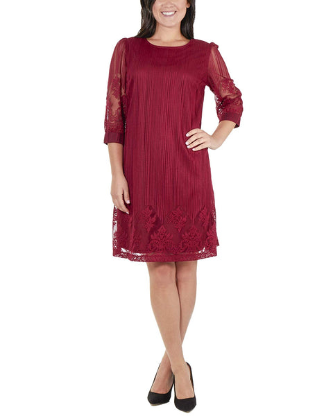 NY COLLECTION Solid 3/4 Sleeve A Line Dress Wine PM