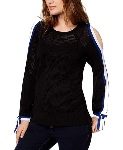 I.N.C. International Concepts Striped-Sleeve Cold-Shoulder Top (Black Bright Blue, XL)