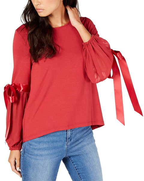 Vince Camuto Womens Tie Sleeves Sheer Pullover Top Red L