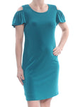 JM Collection Womens Teal Cold Shoulder Ruffled Sheath Dress Petite Small