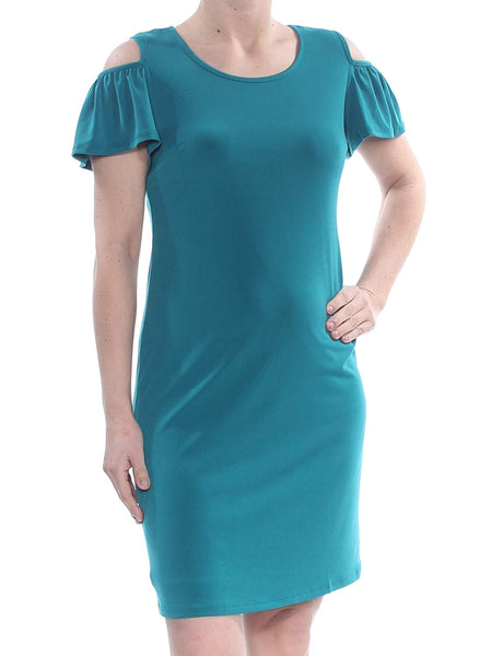 JM Collection Womens Teal Cold Shoulder Ruffled Sheath Dress Petite Small