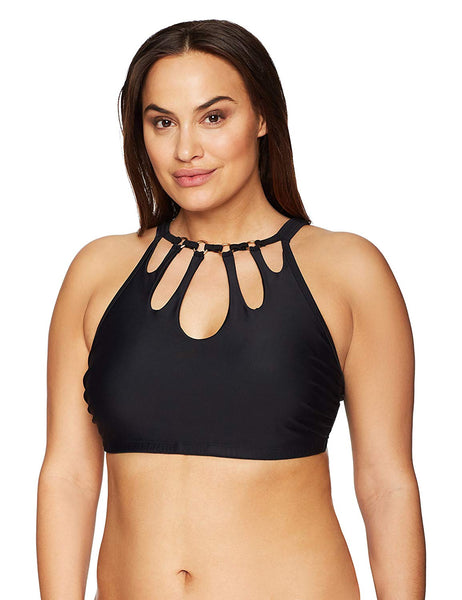 Coastal Blue Plus Size High Neck Keyhole Cut-Out Bikini Top, Ebony, 3X (24W-26W)