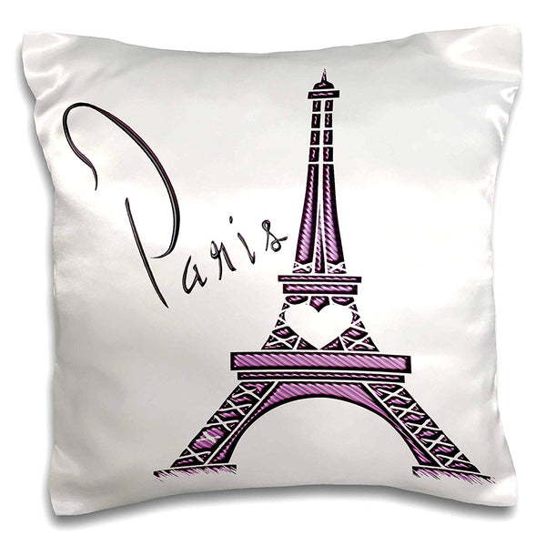 3dRose Purple Gel Effect One Dimensional Eiffel Tower with The Word Paris Pillow Case, 16" x 16