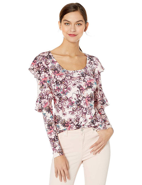 GUESS Women's Long Sleeve Bianka Ruffle Top, Hyper Bloom Print Rose dust M