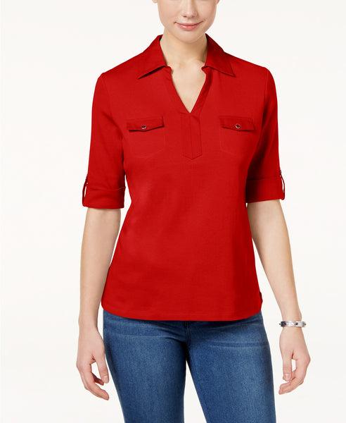 Karen Scott Petite Cotton Collared Top New Red Amore PS