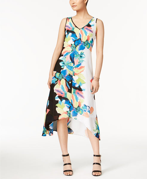 Olivia Grace Printed High-Low Midi Dress BlackWhite Multi Print XS