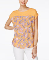 Hippie Rose Juniors Printed Knit-Yoke T-S Yellow Floral L