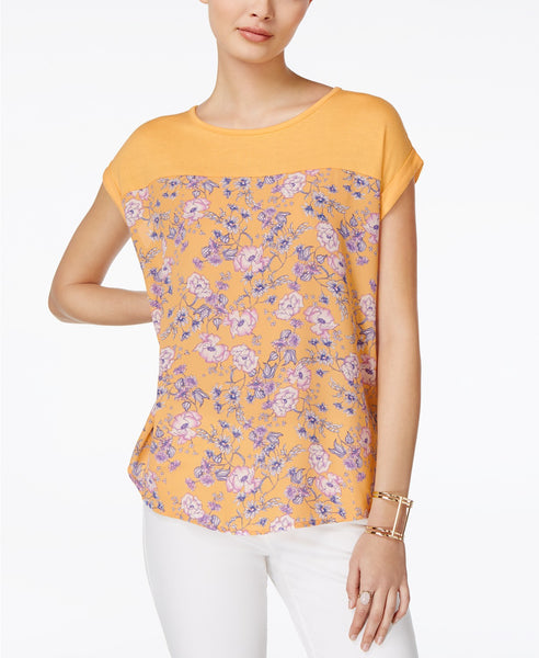 Hippie Rose Juniors Printed Knit-Yoke T-S Yellow Floral L