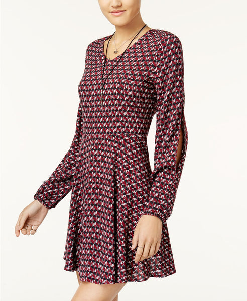 One Hart Printed Bell-Sleeve Fit Flar RED L